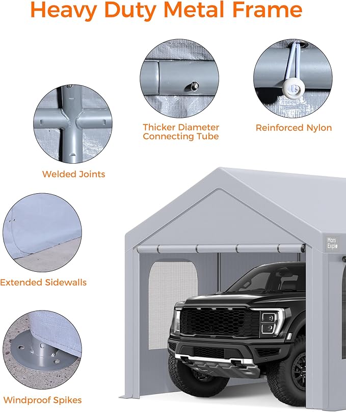 Carport, 12 x 20 FT Portable Garage Heavy Duty, Carport Canopy with Side-Opening Door & Roll-Up Windows, Car Canopy Reinforced with Extended Skirt and All Season Tarp for Car, Truck, Boat（Light Gray）