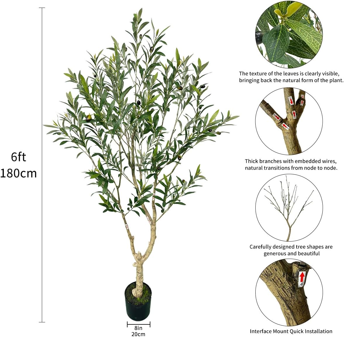 Artificial Tree Faux Olive Tree 6ft(71in,1289leaves) Tall Fake Olive Plant in Pot Fake Silk Tree Faux Plants Indoor