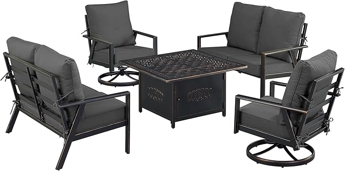 Oakland Living Black Aluminum Patio Fire Table Set with Two Deep Seating Loveseat with Cushions and Two Club Chairs with Black Cushions