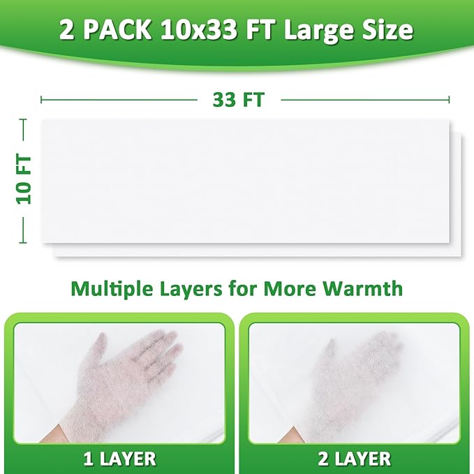EAONE 10x33 FT Plant Covers Freeze Protection 2 Pack, 0.9oz Floating Row Winter Frosts Cloth for Outdoor, Plant Blankets Drawstring Bags for Cold Freeze Sun Protection Bird Insect Prevention