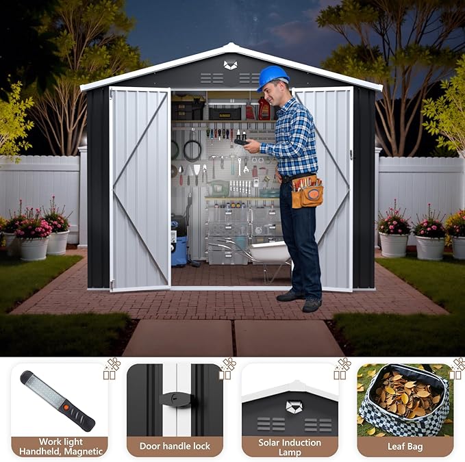 10x8 FT Outdoor Storage Shed, Metal Garden Shed - Tool Storage Sheds with Lockable Doors, Waterproof Outside Storage Building for Backyard, Patio (Black; Floor Not Included)