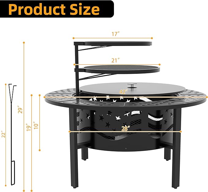 PrimeZone 42" Outdoor Fire Pit with 2 Grills - Wood Burning Firepit for Outside with Cover & Poker, Heavy Duty Metal Fire Pit Large Round Fireplace for Patio, Backyard, Picnic, Camping, Bonfire