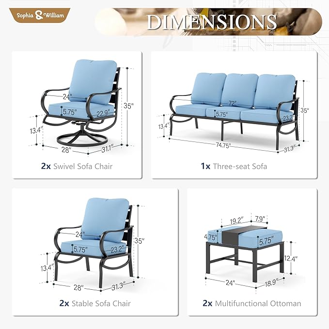 Sophia & William Patio Furniture Sets for 7 Outdoor Conversation Set 7 Pcs with 2 x Swivel Sofa Chairs, 2 x Armrest Chairs, 1 x 3-Seat Sofa, 2 x Ottomans for Coffee Garden Backyard Poolside Blue