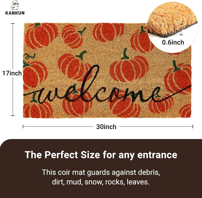 KANKUN Halloween Coco Coir Door Mat with Heavy Duty Backing, Welcome Doormat (17" x 30"), Doormat Entrance (Welcome1 - Halloween)