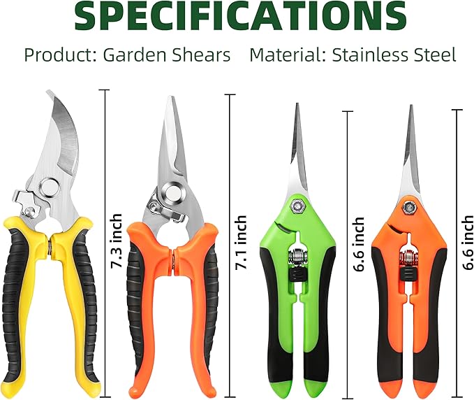 4 Pack Garden Pruning Shears, Stainless Steel Garden Shears, Gardening Shears, Garden Scissors, Clippers, Pruning Snips, Pruning Shears for Gardening Tools (4PCS Yellow Orange Green)