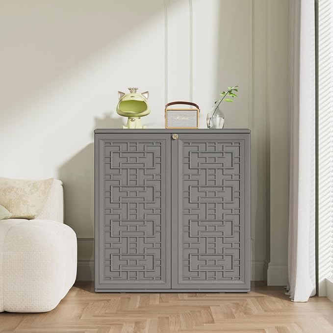 KINYING Outdoor Storage Cabinet Waterproof, Resin 60 Gallon Deck Box for Patio Furniture Cushions, Garden Tools, Pool Tools and Kids’ Toys (Grey with 1 Shelving)