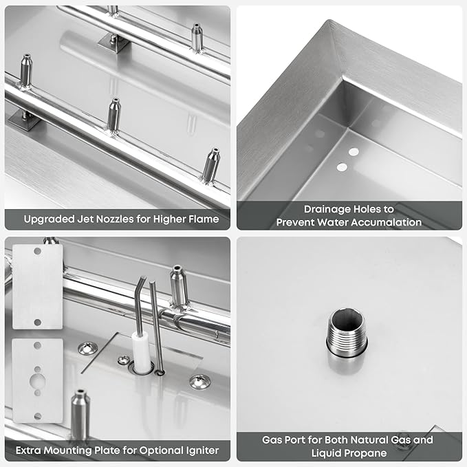 Stanbroil 36 x 12-Inch Rectangle Drop-in Fire Pit Pan with Jet Burner, 304 Stainless Steel Gas Firepit Insert for DIY Firepit Table, High Flame150,000 BTU Max