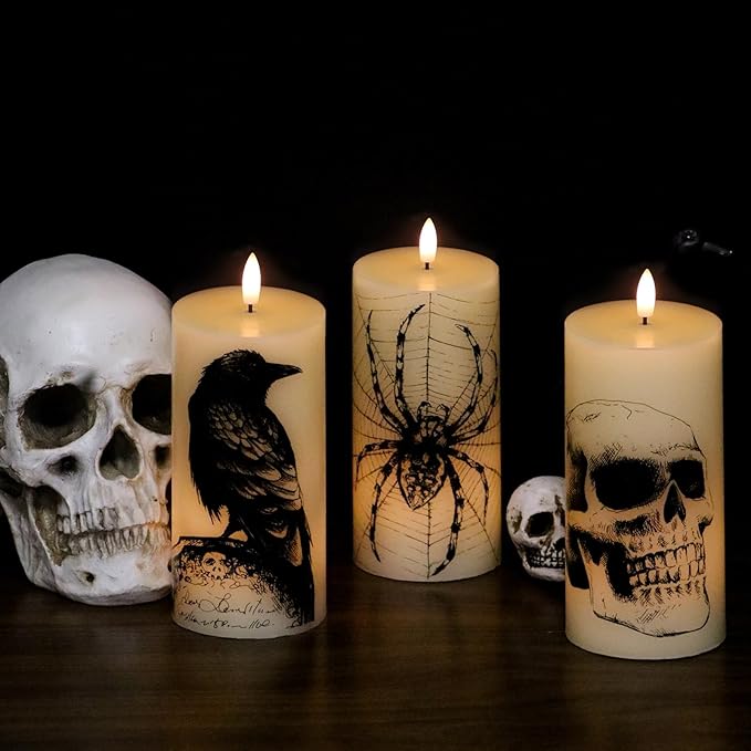 Eldnacele Halloween Flickering Candles Remote with Skull, Spider Web, Crow Raven Decals Set of 3, Battery Operated Halloween Themed LED Candles Horror Spooky Decoration