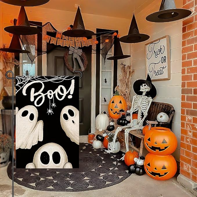 Spooky Ghost Boo Garden Flags for Outside 12x18 Inch Double Sided Burlap, Welcome Sign Halloween Small Flag Banner Farmhouse Holiday Yard Lawn Outdoor Decorations DF878
