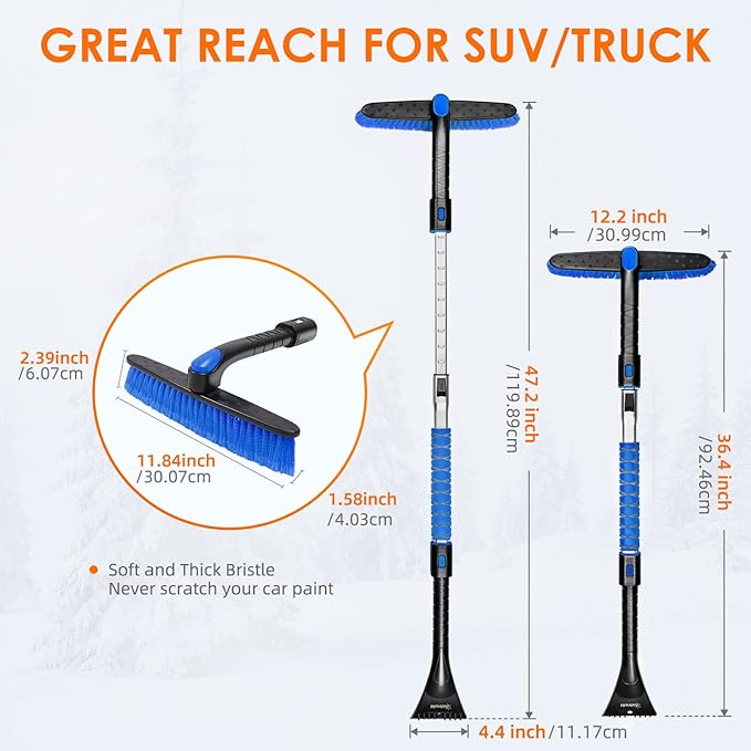 AstroAI 47.2" Ice Scrapers for Car Windshield and Extendable Snow Scraper with Foam Grip and 360° Pivoting Brush Head for Christmas Car Auto Truck SUV(Blue)