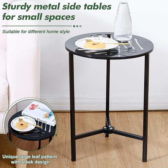 1 Packs 13" Metal Outdoor Side Tables Small Black Outside End Table for Patio Round Accent Corner Stand for Small Spaces Weather-Resistant Coffee Table for Balcony Porch Plant Stand, Leaf