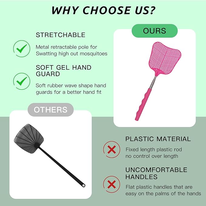 MYSTICHOME Fly Swatter 1 PCS, Durable Heavy Duty Plastic Fly Swatters, Stainless Steel Telescopic FlySwatter for Indoors/Outdoor/Kitchen/Garden (Roes Red)