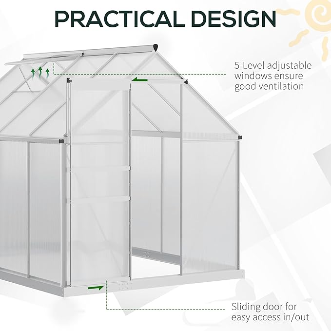 Outsunny 6' x 8' x 6.5' Polycarbonate Greenhouse with Adjustable Roof Vent, Walk-in Heavy Duty Green House Kit with Aluminum Frame, Sliding Door and Rain Gutter for Winter, Silver