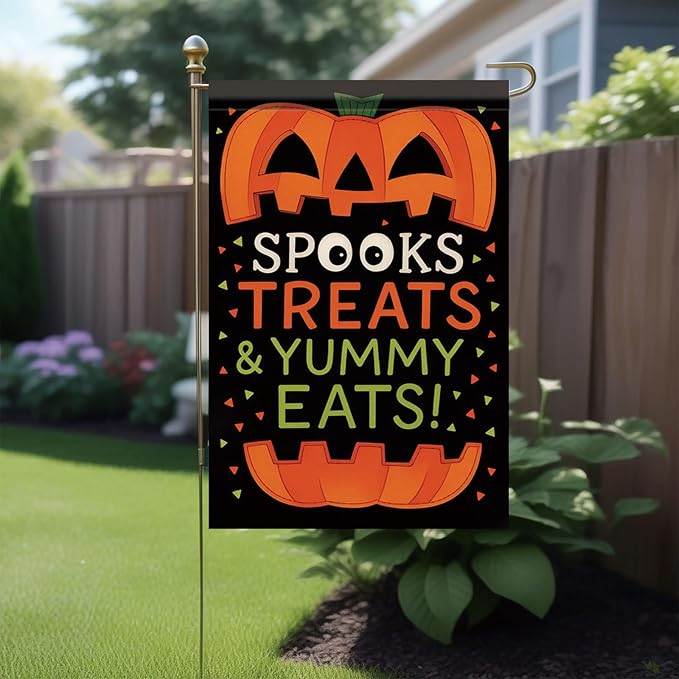 Halloween Garden Flag Spooks Treats & Yummy Eats Pumpkin Flag 12x18 Inch Double Sided Outdoor Yard Banner for Trick or Treat Halloween Decoration Decor