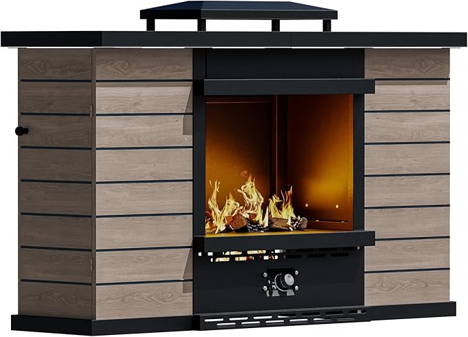 Outdoor Propane Fireplace, 50,000 BTU Gas Fire Pit with Ceramic Logs, Rain Cover, 63 Inch Steel Metal Smokeless Fireplace for Patio, Deck, CSA Certified (63 x 41 Inch)