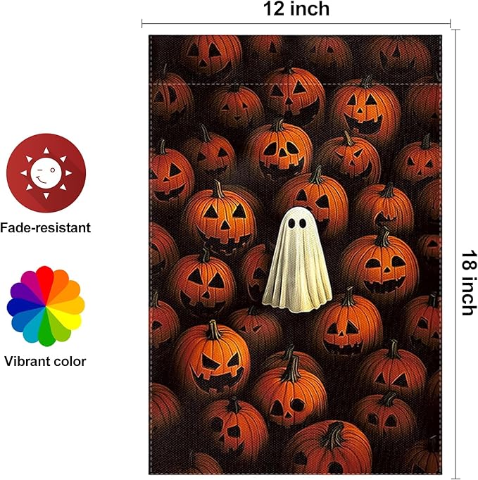 Halloween Garden Flag 12 x 18 Inch Double Sided Ghost Pumpkin Designs Fall Autumn Burlap Yard Flag for Outside Rustic Yard Outdoor Holiday Home Decoration