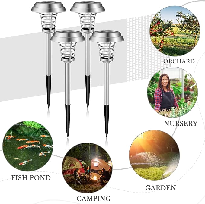 Qualirey 4 Pcs Solar Bug Zapper Waterproof Outdoor Mosquito Zapper Killer and Lighting Repellent Lamp for Indoor Outdoor Use Garden Patio, Purple and White Light(Stainless Steel,Silver)