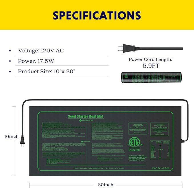 iPower 2 Pack Seedling Heat Mat for Seed Starting, ETL Listed Durable Waterproof Warm Hydroponic Heating Pad, for Indoor Plants Germination, 10" x 20"