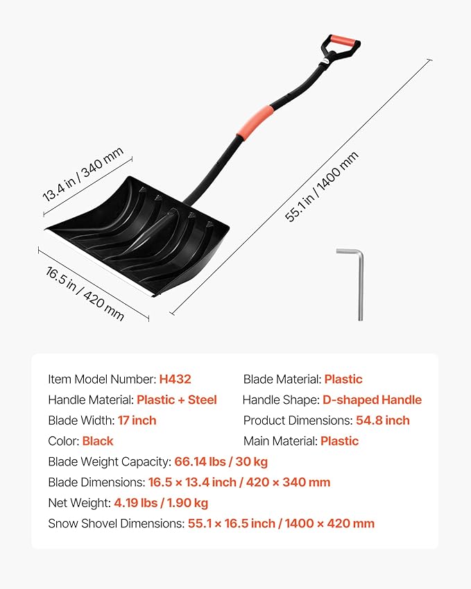VEVOR Snow Shovel for Driveway, 17 in Wide Plastic Snow Shovel with D-Shaped Handles & Aluminum Blade, Large Capacity Snowplow Shovels, Lightweight Snows Removal Tool for Garden Car Camping