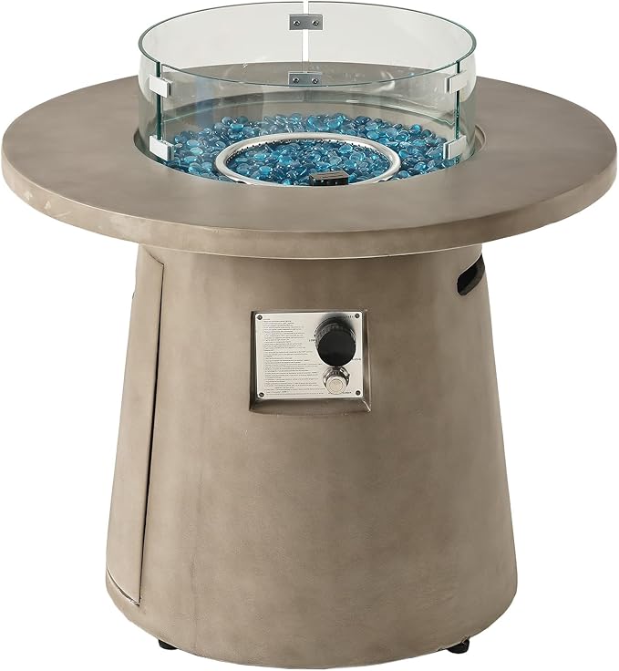 HOMPUS Outdoor Propane Fire Pit, 31-inch Round Gray Propane Fire Pit with 10 lbs Aqua Blue Fire Glass, 40000 BTU Gas Smokeless Fire Pit, Patio Concrete Fire Pit with Lava Rocks and Rain Cover