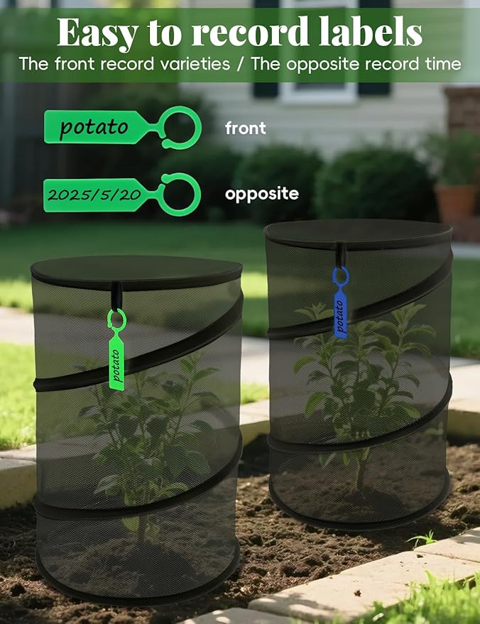4 Pack Pop Up Plant Covers from Animals, 20" H X 13" D Insect Garden Covers, Round Foldable Mesh Plant Cover, Plant Protectors for Outdoor Plants, with Stakes and Labels (Black)