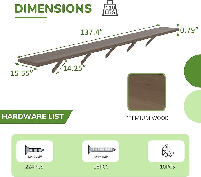 Shelf Suitable for 6x12FT Wood Greenhouse, 137" Wooden Storage Shelf Kit Fit Multiple Greenhouse , Horticulture Workstation, Work Bench System Shelving, Light Mocha Brown, 2 Pack