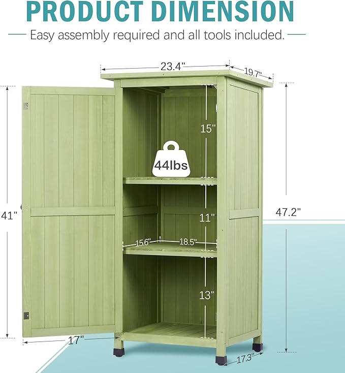 Wooden Outdoor Storage Cabinet, Vertical Garden Tool Shed with Waterproof Metal Roof & 2 Adjustable Shelves Ideal for Yard, Patio, Deck and Porch (Green, 20" x 24" x 48")