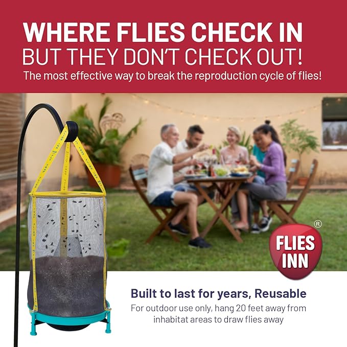 EZ Fly Cage Ranch Fly Trap with 2 Flies Inn Fly Attractant Bait Refill, Low Odor, Reusable, Built to Last for Years (3 Trap+ 6 Baits, 1)