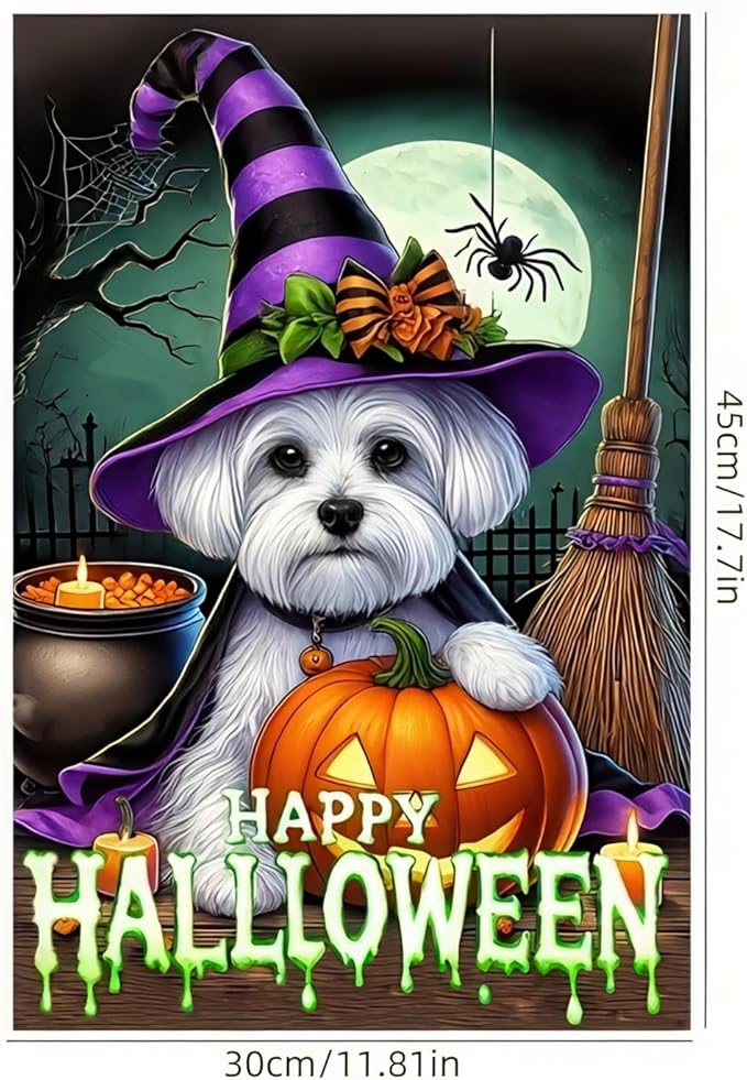 Happy Halloween Garden Flag Double Sided 12x18 Flag Dog Pumpkin Halloween Flag Cute Schnauzer Puppy Pumpkin Spider Design Outdoor Decoration Holiday Display Lawn Yard Banner