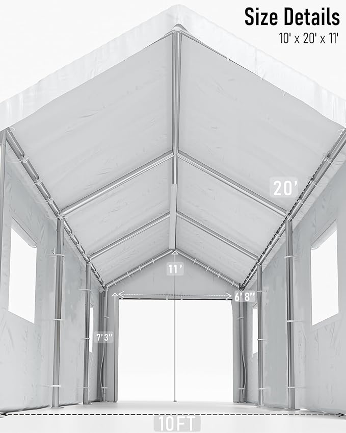 10X20Ft Waterproof Carport Canopy with Roll-Up Mesh Windows & Double Zipper Doors, 180g PE Tarp Cover for Cars, Trucks, SUVs, RVs, Boats & Outdoor Equipment Storage, White