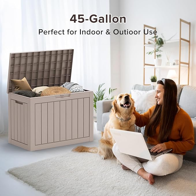 ROJIK Outdoor Storage Housing Deck Box - Waterproof Patio Furniture, Garden Tools, Cushions, Pool Accessories Storage Bench with Lockable Lid and Side Handles (Grey, 45 Gal)