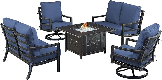 Oakland Living Black Aluminum Patio Fire Table Set with Two Deep Seating Loveseat with Cushions and Two Club Chairs with Blue Cushions