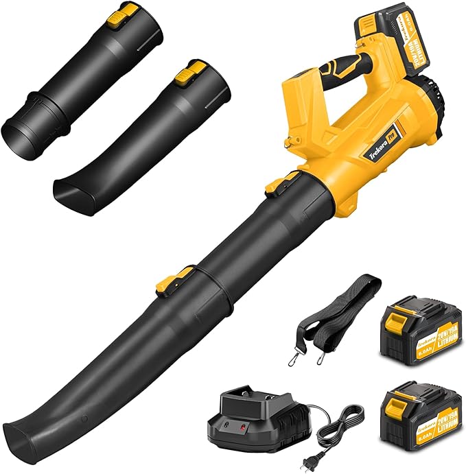 Cordless Leaf Blower with Battery and Charger，540 CFM/170 MPH,Battery Powered with 2 x 6.0Ah Batteries,6-Speed & Turbo Mode,Lightweight for Lawn Care,Patio,Leaves,Dust,and Snow Removal,Yellow