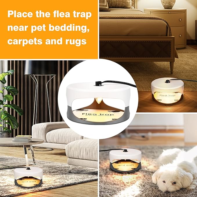 Flea Traps for Inside Your Home 2 Packs, Flea Trap for Indoor, Bed Bug Killer with Sticky Pads & Light Bulb Replacement, Natural Flea Infestation Treatment
