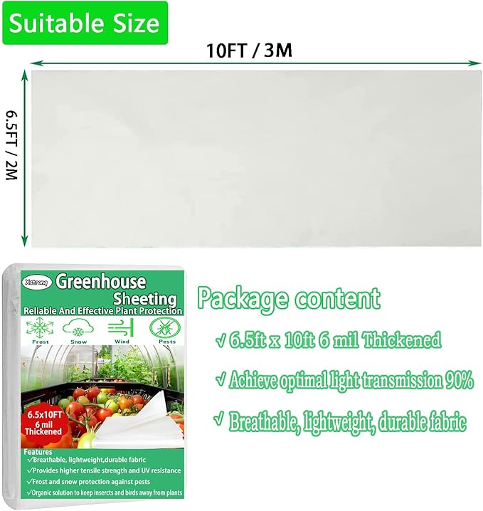 6.5FTx10FT Greenhouse Plastic Sheeting, 6 Mil Thick Clear Polyethylene Film, Waterproof Wind Frost Dust UV Resistant Green House Plastic Covering for Outdoor Plant, Garden, (6.5ft x 10ft)