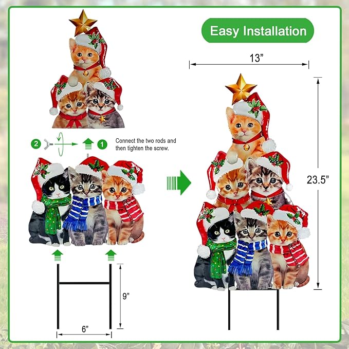 Metal Cats Christmas Tree Yard Sign,Cat Decorations Outdoor,Christmas Lawn Sign,Pet Theme Holiday Decor for Garden,Patio,and Pathway