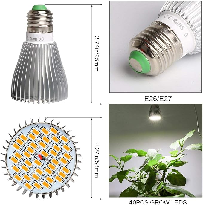 MILYN 2 Pack 30W LED Grow Light Bulb White Full Spectrum Grow Lights for Indoor Plants, E26 Plant Light Bulb for DIY Indoor Plants, Flowers, Greenhouse, Indore Garden, Hydroponic