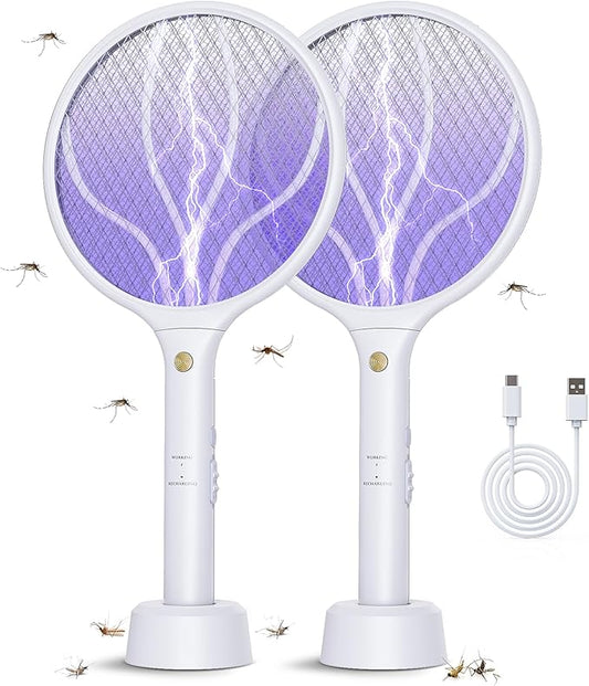 Electric Fly Swatter Racket 3000V Bug Zappers 2 in 1 Mosquito Zappers USB Rechargeable, 1200mAh Mosquitoes Killer Lamp & Fly Zappers with 3 Layer Safety Mesh for Home, Bedroom, Kitchen, Patio (2 Pack)