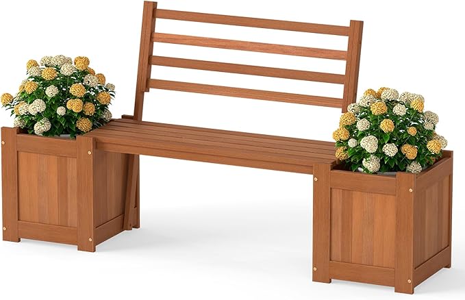 Giantex 2-in-1 Outdoor Bench with Backrest & 2 Raised Garden Beds, Wood with Teak Oil Finish, Planter Boxes with Open-Ended Base, Garden Bench Seat for Porch Balcony Lawn Yard, DIY Assembly