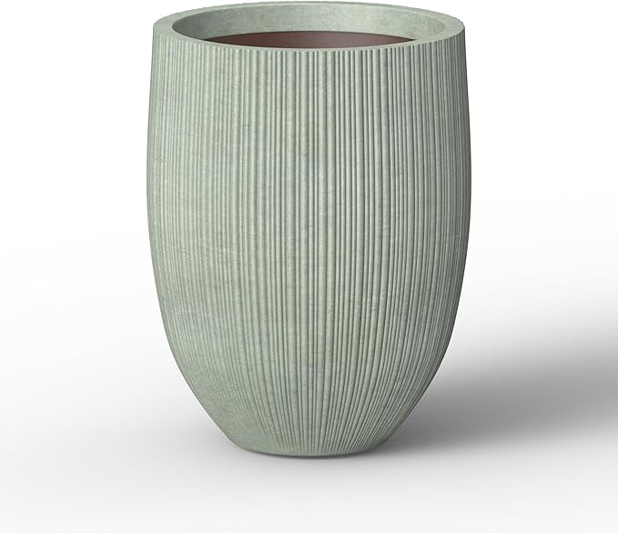 Kante Round Fluted Concrete Planter, 16.9-Inch Dia Barrel-Style Pot with Drainage Hole, Mint Green Finish with Warm Brown Interior, 13.7" Opening, for Indoor and Outdoor Use