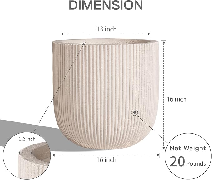 16 Inch Handmade Concrete Outdoor Planter - Classic Striped Design | Fiberglass & Composite Material | Durable for Commercial & Home Decor