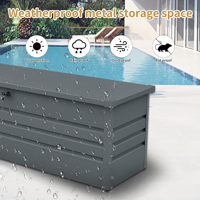 KUIKUI Metal Deck Box Waterproof, Outdoor Storage Box Extra Large, Patio Storage Bench for Pool Cushions Rugs, 260 Gallon