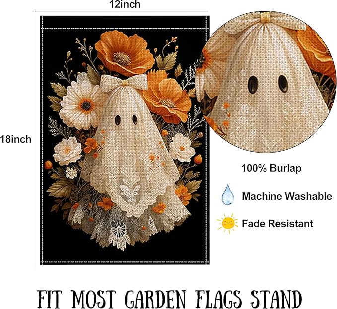 Halloween Garden Flag 12 x 18 Inch Double Sided Ghost Flower Bow Designs Fall Autumn Burlap Yard Flag for Outside Rustic Yard Outdoor Holiday Home Decoration