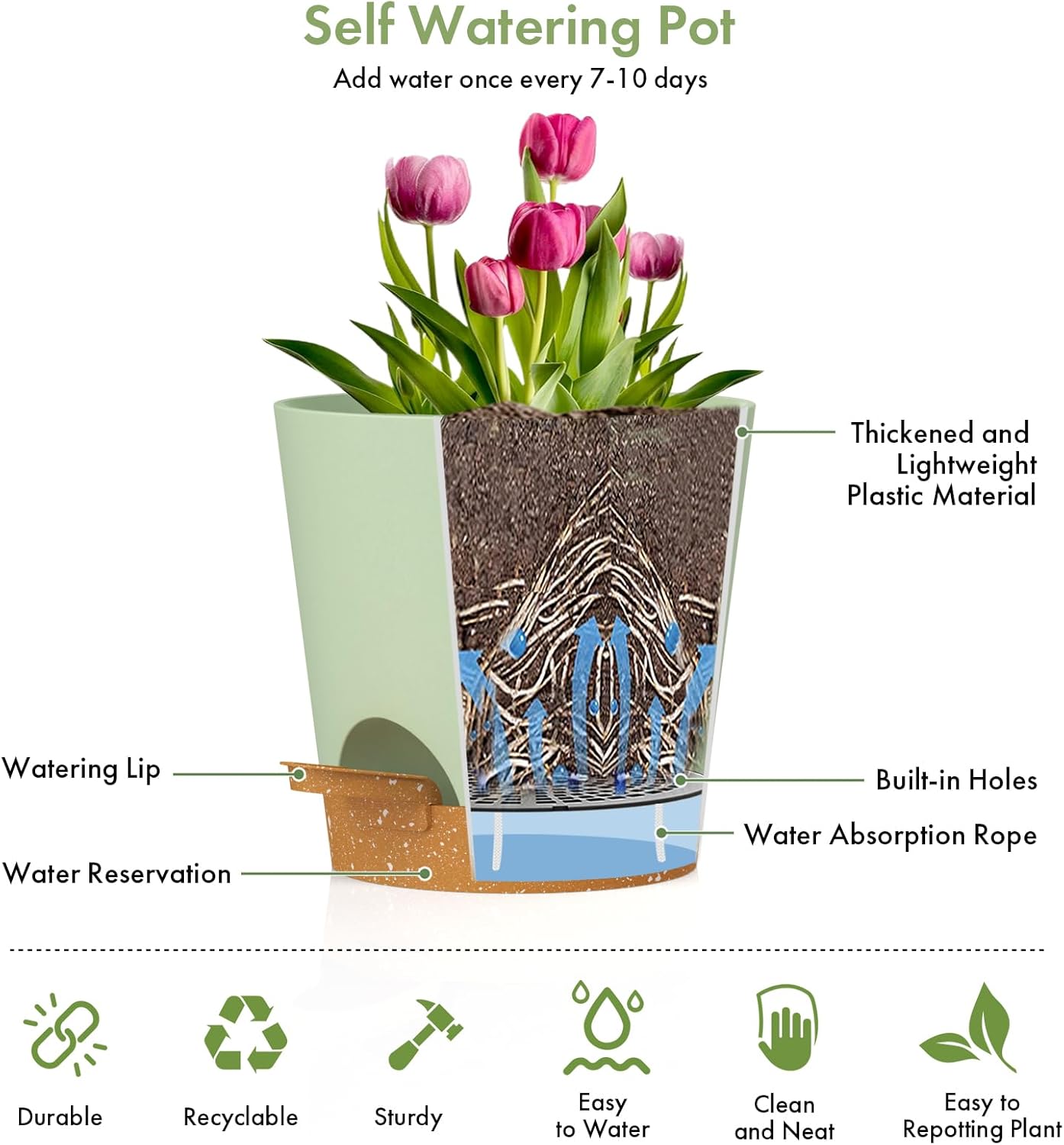 7/6.5/6/5.5/5/4 inch Self Watering Pots for Indoor Outdoor Plants, 6 Pack Plastic Flower Planters with Drainage Holes and Removable Saucers, Plant Pots with Wicking Rope, Green Brown