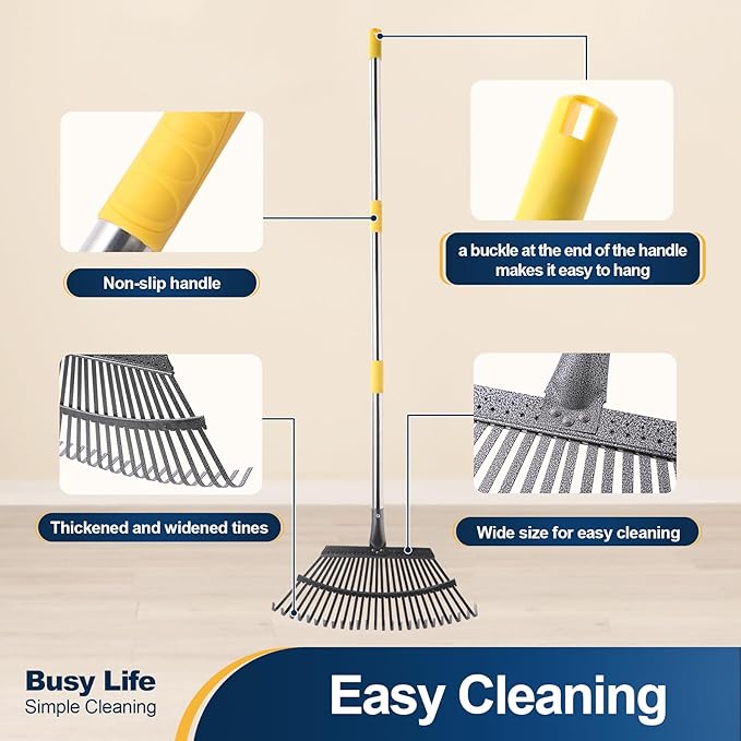 Yocada 19.3" Garden Leaf Rake Wide Heavy Duty Adjustable Long Handle Garden Rake for Yard Garden Lawn Leaves (25 Tines)