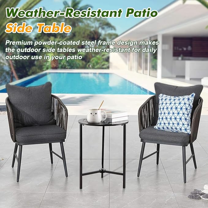2 Packs 13" Metal Outdoor Side Tables Small Black Outside End Table for Patio Round Accent Corner Stand for Small Spaces Weather-Resistant Coffee Table for Balcony Porch Plant Stand, Bamboo Leaf