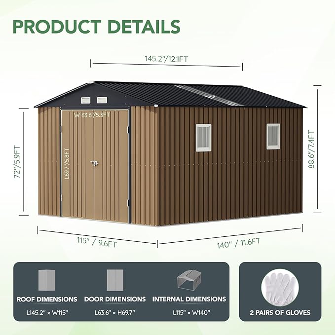 10X12X7.5 FT Outdoor Steel Storage Shed with Lockable Doors, 2 Windows, Transparent Roof Panels (Wood Panels & Frame Floor Not Included), Ideal for Patio Storage,Garbage Can, Chicken Coop，Brown