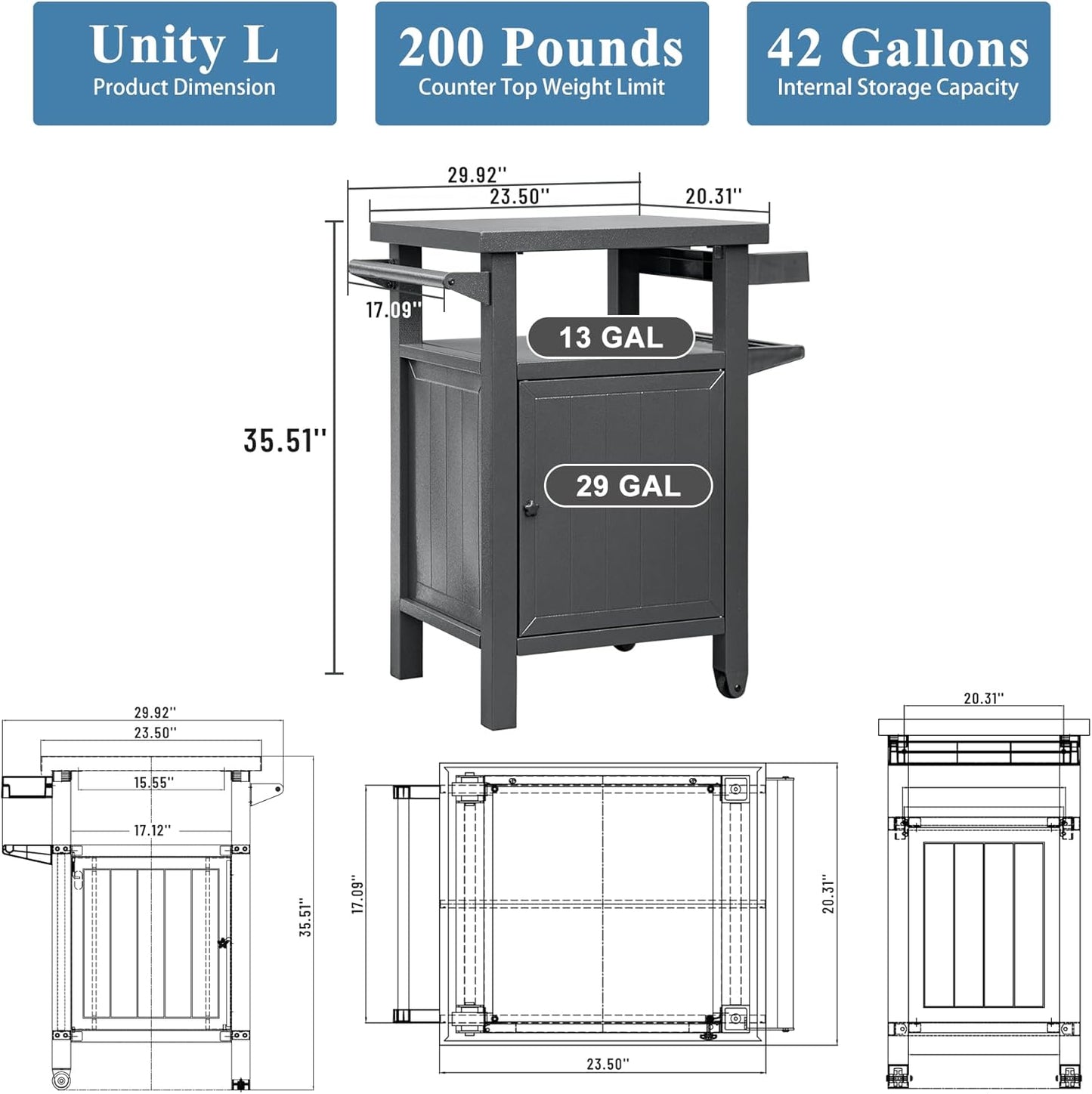 Grill Cart Outdoor with Storage Cabinet, Portable Rolling Patio Bar Cart with Wheels, BBQ Prep Table, Movable Stainless Steel Kitchen Island Dining Cart for Food/Drink/Cooking -Grey