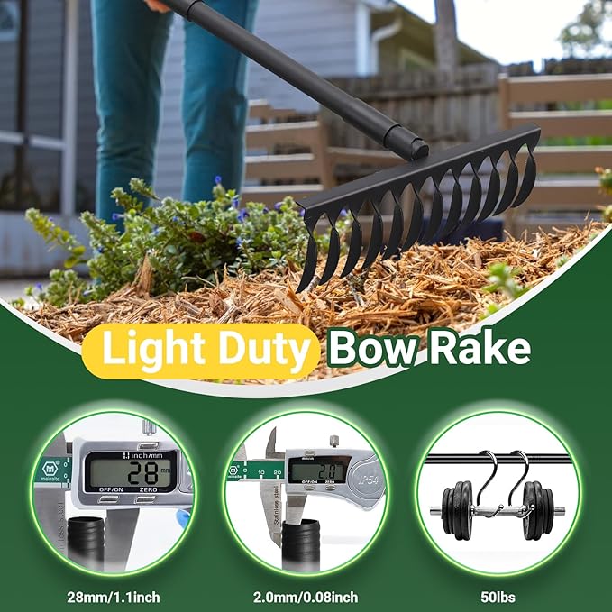 Garden Metal Bow Rake with 60 Inch Long Adjustable Handle,17 Inch Wide Heavy Duty Yard Thatch Rock Rakes for Gardening, Lawn Leveling, Loosening Soil, Gathering Grass, Gravel, Mulch, Leaves