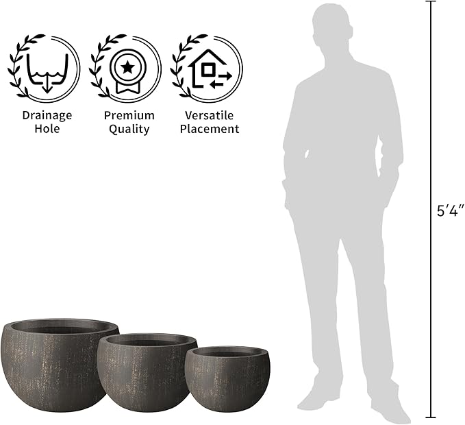 Kante 19.9",15.7",11.8" Dia Round Concrete Planter Set of 3, Outdoor/Indoor Large Bowl Plant Pots with Drainage Hole and Rubber Plug for Garden Patio Balcony Home, Oil Rubbed Bronze